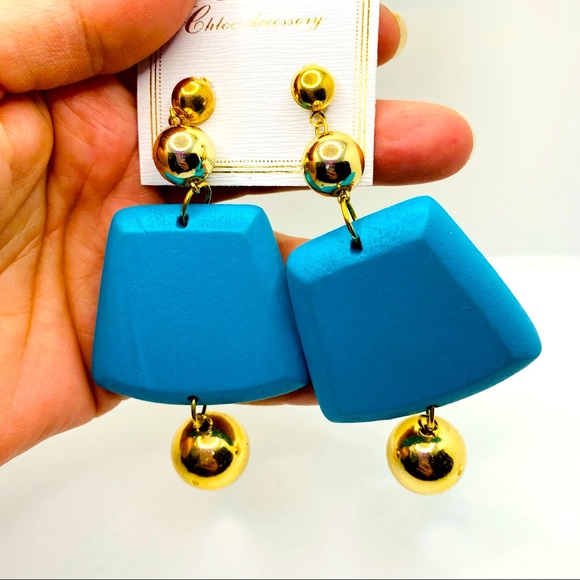 Earrings Square dangles Teal light weight wooden - Picture 3 of 9